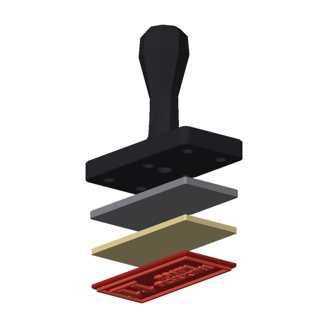 Aufbau des E³ StampSign: Halter mit Griff, magnetischer Träger, Schaumstoffkissen und TPU-Stempelplatte